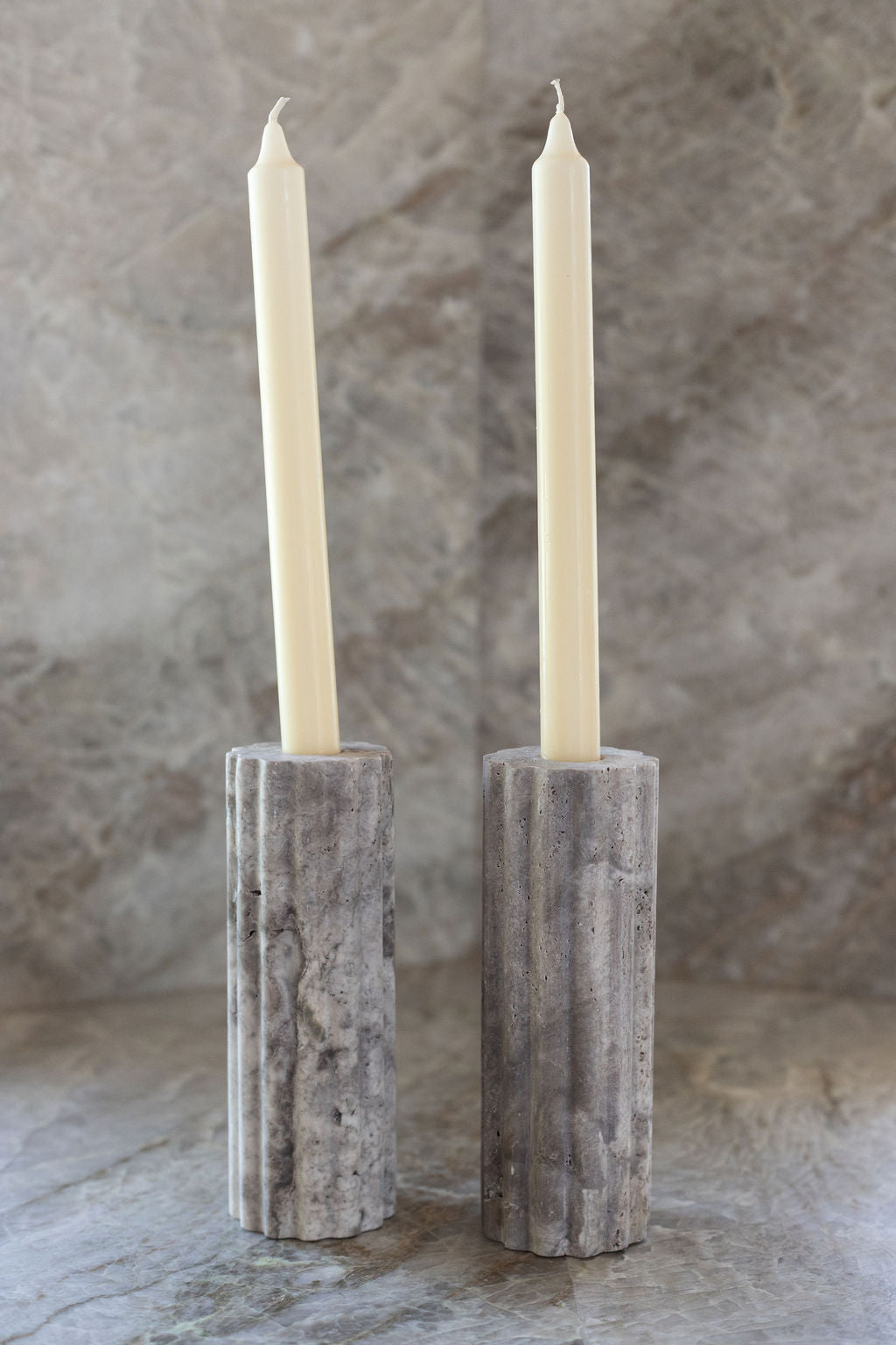 Silver Travertine Candle Holder Set