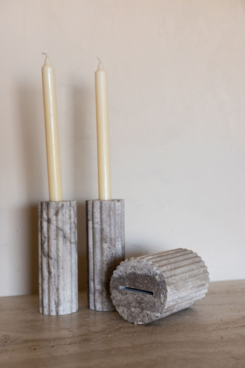 Silver Travertine Candle Holder Set