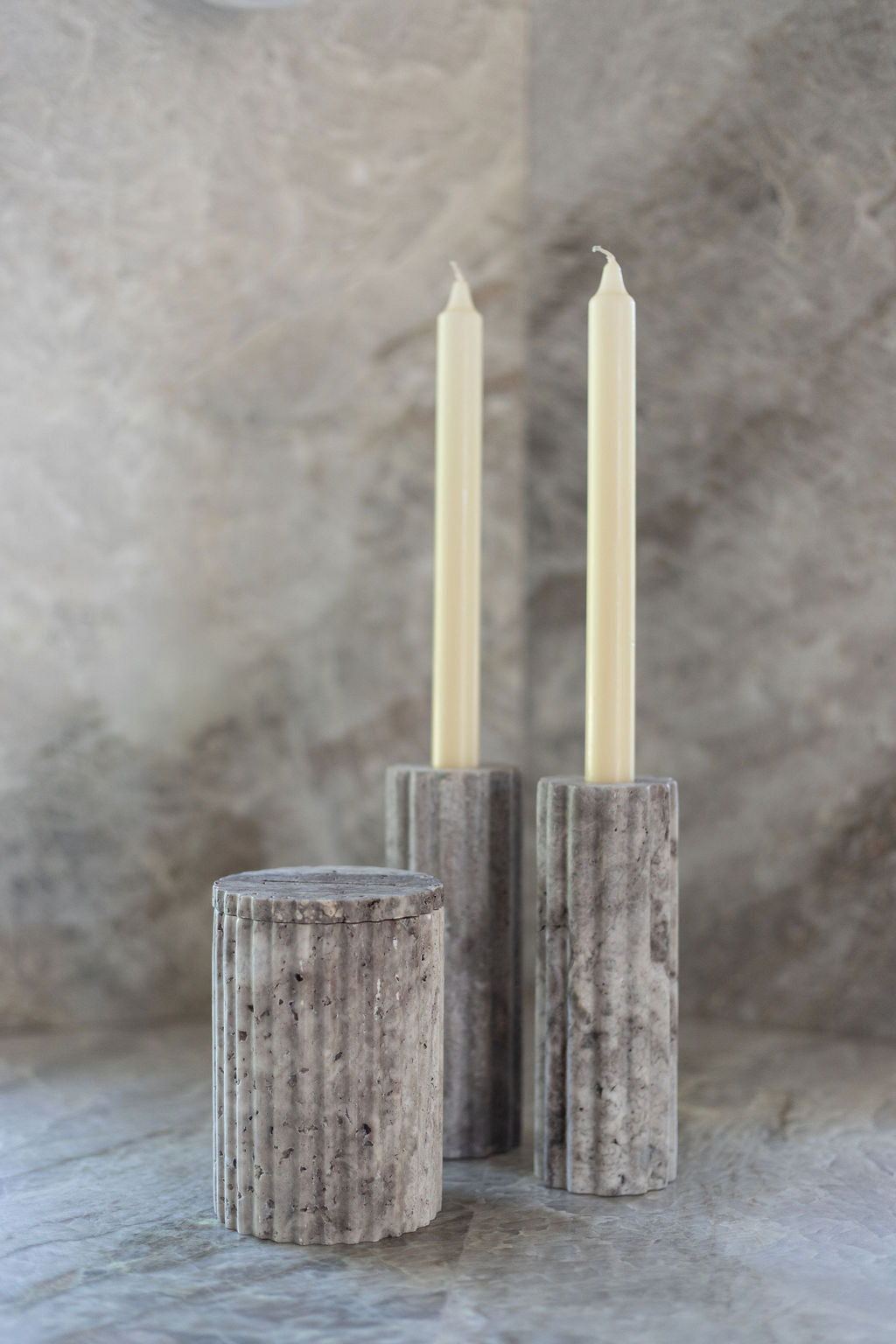 Silver Travertine Candle Holder Set